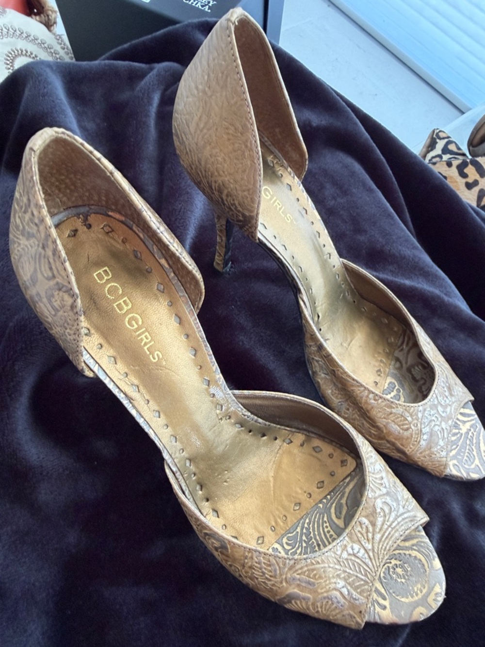 BCBG Open-Toe Gold & Silver Embossed Heels